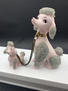 Vintage Lefton Pink & Gray Beaded Mid Century Pink Poodle with Puppy - Picture 1 of 10