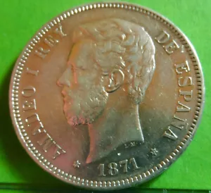 aXF/XF, AMADEO I, 5 Pesetas, 1871 estrellas 18 - 71, Plata, ESPAÑA - Imagen 1 de 2