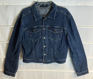 Bloomingdales and Tahari Dark Blue Stretch Denim Trucker Jean Jacket Small EC! - Picture 1 of 6