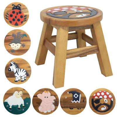 Kids Stool Fun Decorated Wood Bench Cross Bar Chair Children Seat Milking Stool - Image 1 of 2