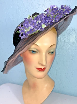 Vintage 30s Sheet Mesh Floral Summer Hat Violets Summer Sun - Image 1 of 4