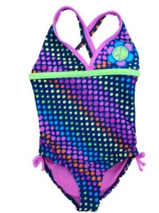 Angel Beach Girls Blue With Neon Dots Swimming Suit Swim Bathing Suit 1 PC 4 - Picture 1 of 1