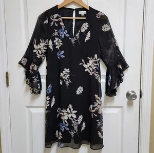 Calvin Klein Dress 10 Black Floral V Neck Sheath Bell Slv Office Party Church - Picture 1 of 11