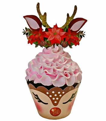 DEZICAKES Fake Cupcake Artificial Food Pink Christmas Reindeer Cupcake