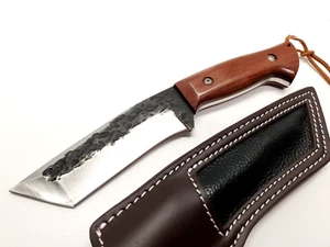 DC53 Steel Full Tang Fixed Blade Tanto Knife Hammered Wood 1/4" Thick Sheath - Picture 1 of 6
