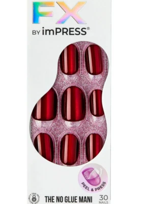 KISS IMPRESS COLOR FX PRESS ON NAILS ONE STEP MANICURE HIDDEN GEM RED OVAL SHORT