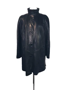 Gallery Genuine Leather Mid Length Black Jacket Trench Coat Size L - Picture 1 of 18