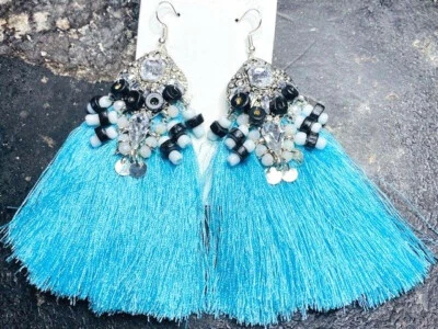 große Silber Statement Ohrringe mit türkis Fransen Quasten Perlen Strass Hippie - Bild 1 von 4