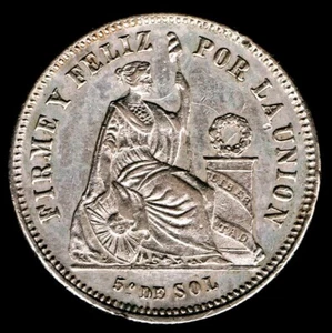 PERÚ - 1/5 SOL 1864 YB KM# 191, ALTA CALIDAD - Imagen 1 de 2