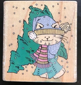 Rubber Stampede Bringing Home The Tree Cat Christmas A1433E Wood Mounted Stamp - Picture 1 of 3