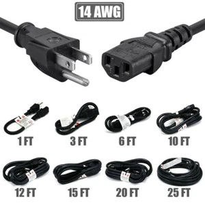 1 3 10 12 15 20 25FT Power Cord Cable PC Monitor 5-15P to C13 14AWG 3-Prong LOT - Picture 1 of 16