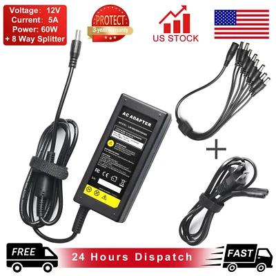 DVR 8 Split Power Cable +DC 12V 5A Power Supply Adapter for CCTV Security Camera - Image 1 of 4