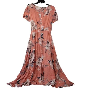 Damen Maxikleid mit Blumenmuster und V-Ausschnitt und Knopfleiste - Floral Peach Größe Small - Bild 1 von 11