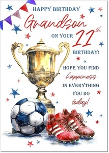 Doodlecards Grandson 11th Birthday Card Age 11 Footballer's Trophy - Picture 1 of 4