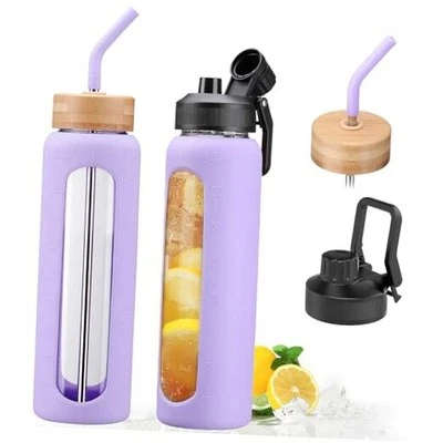 Glass Water Bottle with Straw and 2 Lids- Bamboo and Handle Spout 32oz Purple - Image 1 of 4