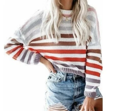 Suéter John + Jenn Rayas Multi Acanalado Tejido Gran Tamaño Cómodo 100% Algodón Talla M Foto 1 de 4