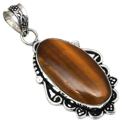 Pendant Tiger's Eye Gemstone Handmade Mother'Day Silver Jewelry 2.25" - Image 1 of 4