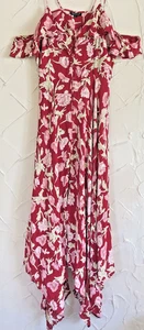 TOPSHOP Dress Uk10 Red/Pink Floral Long Hanky Hem Spaghetti Strap Cold Shoulder - Picture 1 of 11