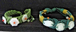 Pair of Handmade Green Fabric Macrame Bracelets w/ Lucite Beads Hippie Boho - Picture 1 of 11