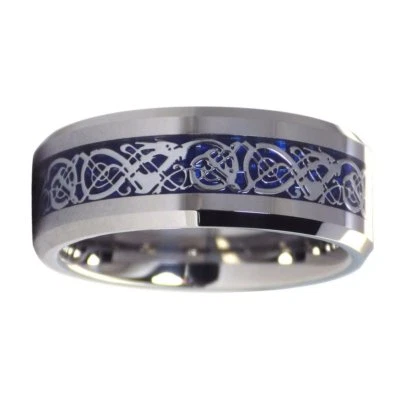 Tungsten Celtic Ice Dragon Ring Blue Carbon Fiber Wedding Band 8mm Sizes 6-16 - Image 1 of 4