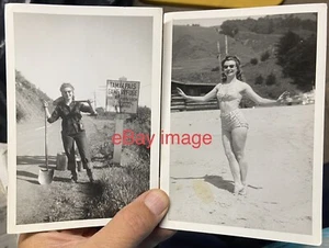 Two 1949 MARIN COUNTY, Caif. Pretty Woman Hiking Mt. Tamalpais & Swimsuit Beach - Picture 1 of 5