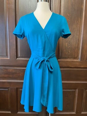 Alice + Olivia Adrianna Dress Turquoise Short Sleeve Faux Wrap Tie Waist Size 4 - Image 1 of 4