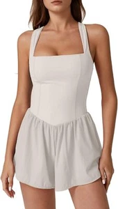 Women's Square Neck Sleeveless Romper Jumpsuit Casual Summer Outfit with Pocket - Picture 1 of 51