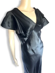 Vintage 1930s 30s Black Satin Bias Cut Art Deco Flutter Sleeve Gown XS Small - Picture 1 of 10