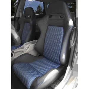 Pair Recline Bucket Racing Seats with Sliders, Black PU Breathable Blue Fabric - Picture 1 of 11