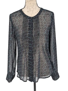 Banana Republic Blouse S Navy Aqua Geometric Sheer Pin Tucks Down Front Cocktail - Picture 1 of 11