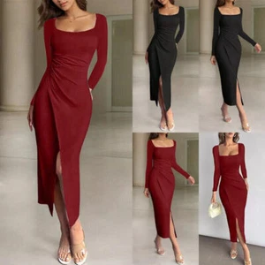Women Ladies Long Sleeve Split Maxi Dress Evening Cocktail Party Bodycon Dress - Picture 1 of 22