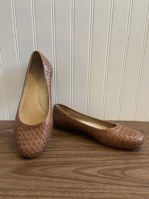 L.L. Ballet Cuero Tejido Frijol Punta Redonda Plana Marrón Castaño Boho Costero 7M Foto 1 de 4