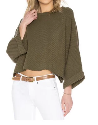 Free People Women’s I Can’t Wait Cropped Ribbed Moss Green Cropped Sweater Sz S - Image 1 of 4