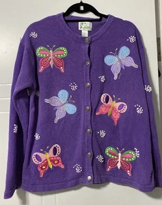 Quacker Factory Vintage Butterfly Cardigan Sweater Purple Womens L Ramie 90s - Picture 1 of 11
