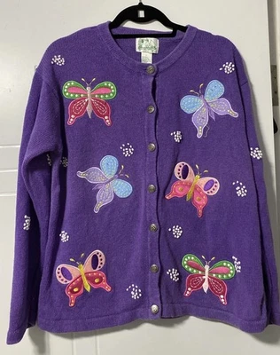 Quacker Factory Vintage Butterfly Cardigan Sweater Purple Womens L Ramie 90s - Image 1 of 4
