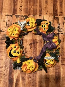 Vintage detaillierter Halloween Kürbis Gesichter Kranz gruselig dumm gruselig 10" Poly Harz - Bild 1 von 12
