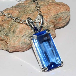 925 Silver Plated Exclusive Blue Topaz Square Necklace Size 18" GW - Picture 1 of 3