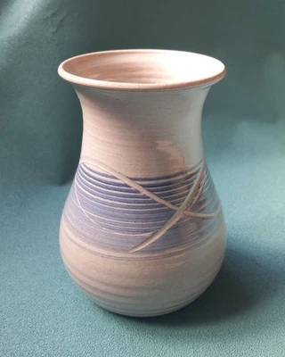 Vintage POG Pottery Blue and Light Grey 15cm Tall Vase With Incised Decoration - Image 1 of 4