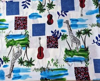 Vtg HI FASHION FABRIC 2 1/2 Yds x 58" Giraffe PALM TREES Ukulele POLY/RAYON - Image 1 of 3