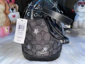 Coach Dempsey Drawstring Bucket Mini Bag SigJacquard Star Embroidery SMOKE BLACK - Picture 1 of 4