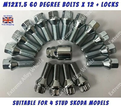 Alloy Wheel Bolts + Locks Fits Skoda Citigo Favorit Felicia M12x1.5 28mm Threads - Image 1 of 4