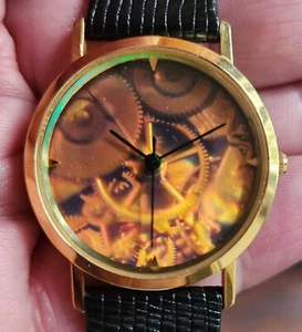 Hologram 32 mm Watch 3D Skeleton Face Dial Gears Black Leather Strap Runs - Picture 1 of 4