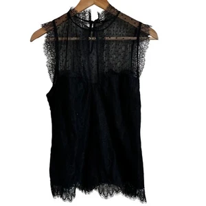 Lace Mock Neck Top Sleeveless Sheer Polka Dot Blouse Elegant Black small - Picture 1 of 6