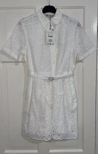 ZARA OYSTER WHITE CUTWORK EMBROIDERY BELTED COTTON MINI SHIRT DRESS SIZE S BNWT - Picture 1 of 14