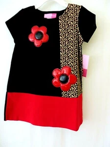 Gutes Damen Kleid Kurzarm Schwarz & Animal Print Rot Blumen 2T oder 3T #10124 - Bild 1 von 5