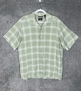 Haggar Washable Linen Shirt Mens Size Large Green Plaid Button Up Short Sleeve - Picture 1 of 5