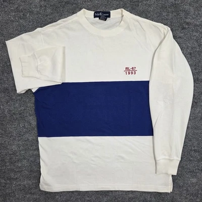 Винтажная мужская рубашка Ralph Lauren S RL-67 1993 сине-белая в полоску с длинным рукавом хлопок - Изображение 1 из 4