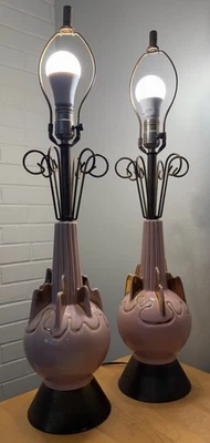 Vintage MCM Pink Ceramic Brass Miller Lamps Mid Century Mod Lighting Atomic 50s - Image 1 of 4