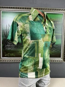 Vintage 70er Jahre Disco Michael Bennett Herren grün abstrakt Kurzarm Hemd - M - Bild 1 von 8