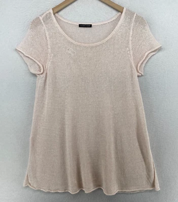 EILEEN FISHER 毛衣 XS 亚麻混纺束腰外衣透明圆领短袖粉色 — 第 1/4 张图片